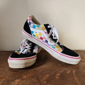 Sz 3 Vans Retro VTG Rainbow Girls- Black Multicolor Checkered Lace Up Old School